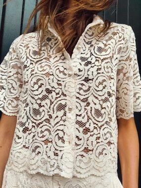 Zara Lace Top with Faux Pearl Button
